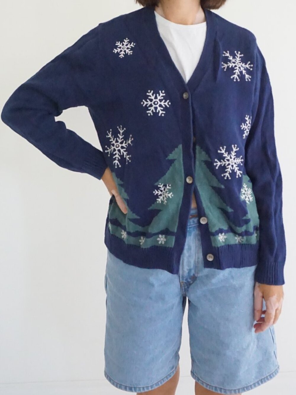 Crystal-Kobe Blue Snowflake Fir Trees Ugly Christmas Knit Cardigan XL